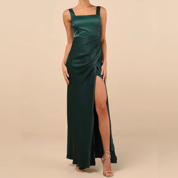 Lulus | Dresses | Lulus Red Carpet Romance Emerald Green Satin Square Neck  Maxi Dress Size Medium | Poshmark